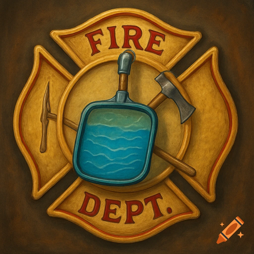 Illustration of a firefighter badge with a pool scoop, axe, and pickaxe.