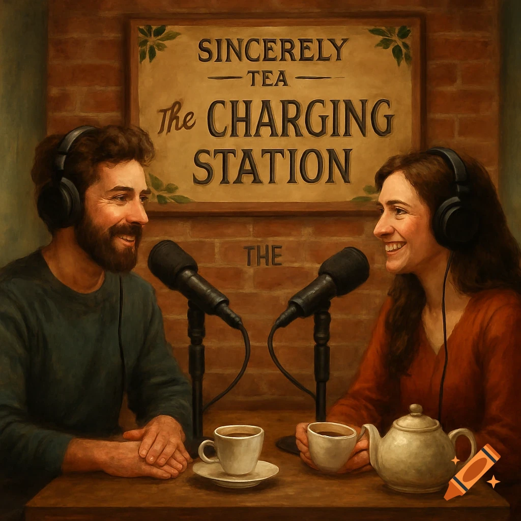 Two people recording a podcast with microphones and tea in an oil painting style.