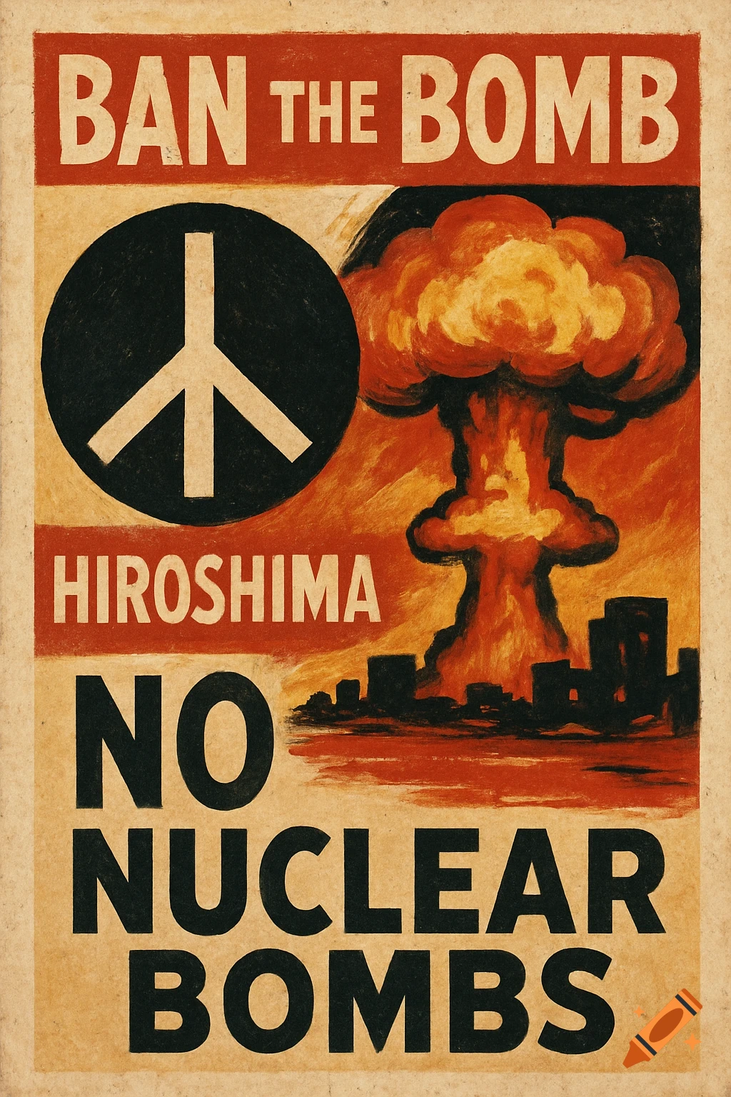 A poster showing a peace symbol, a mushroom cloud over a city, and text saying 'BAN THE BOMB', 'HIROSHIMA', 'NO NUCLEAR BOMBS' in a distressed style.