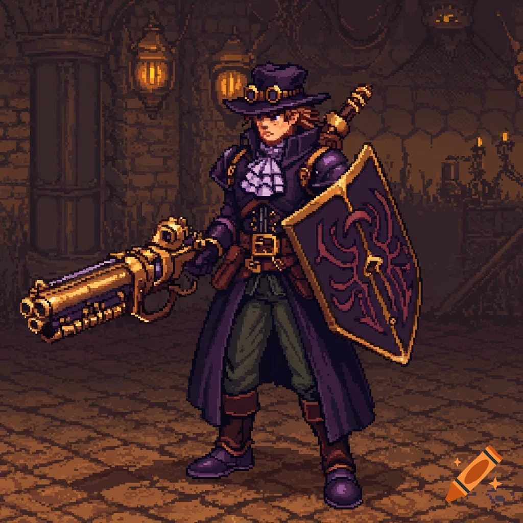 Pixel art of a steampunk fighter with a large gun and shield, in a dungeon setting.