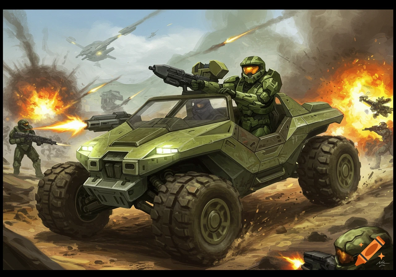 Master Chief drives a Warthog through a battlefield illustration