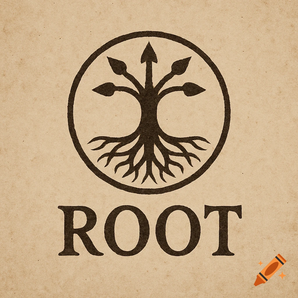 A rustic logo featuring a stylized tree in a circle above the word ROOT on a textured brown background.
