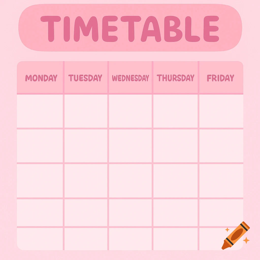 A cutesy pink timetable grid with days of the week.