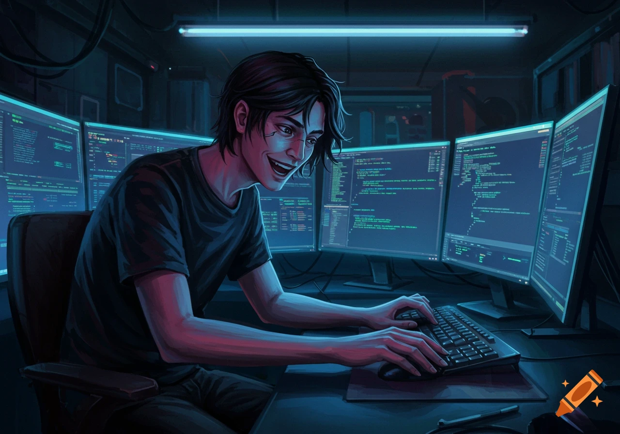 A person hacking on multiple computer screens in a dark room with blue light