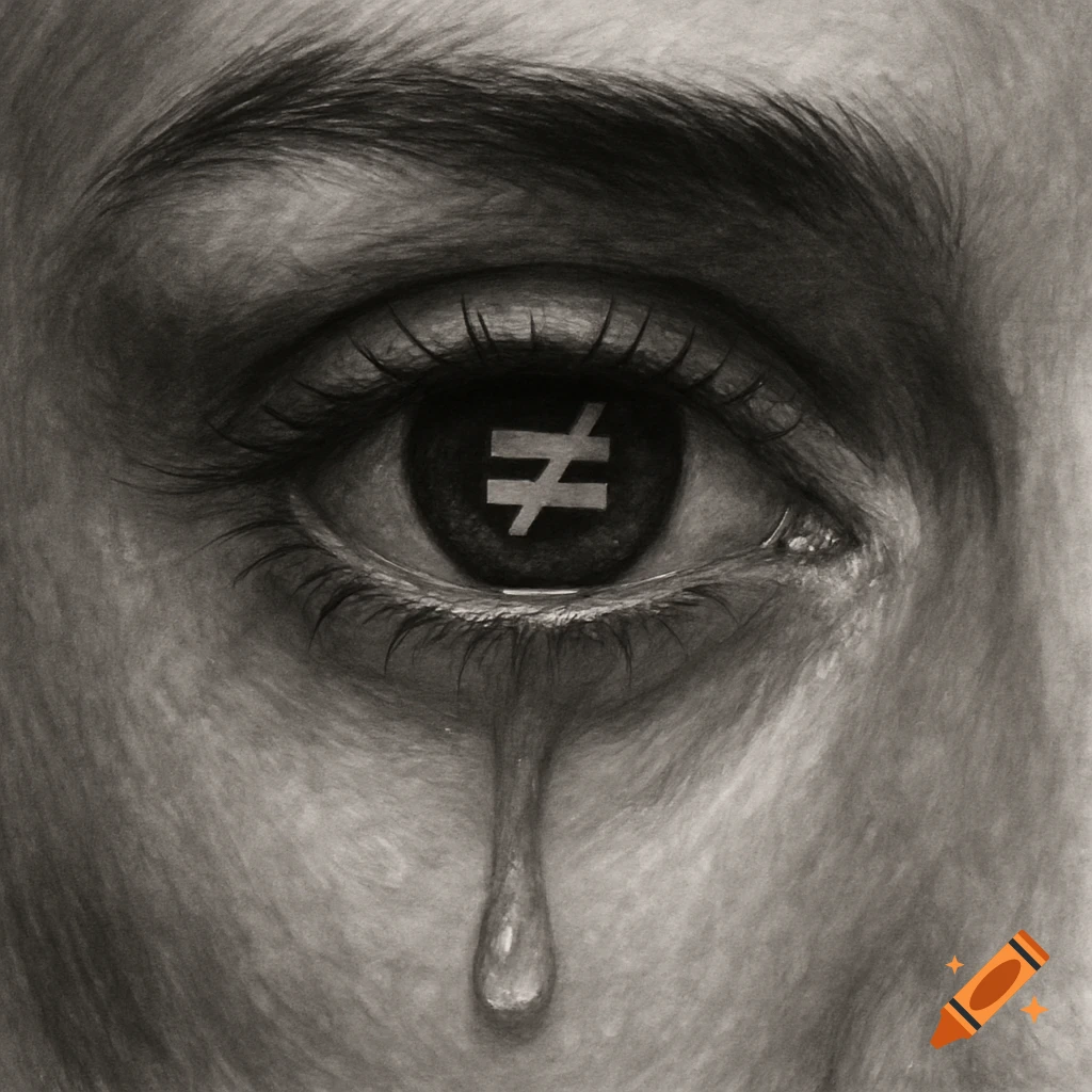Black and white drawing of an eye with a tear and a not equal sign in the pupil.
