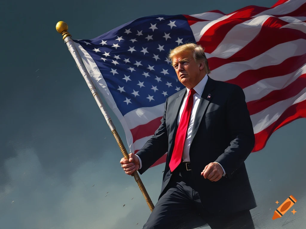 Donald Trump holding a large American flag against a cloudy sky
