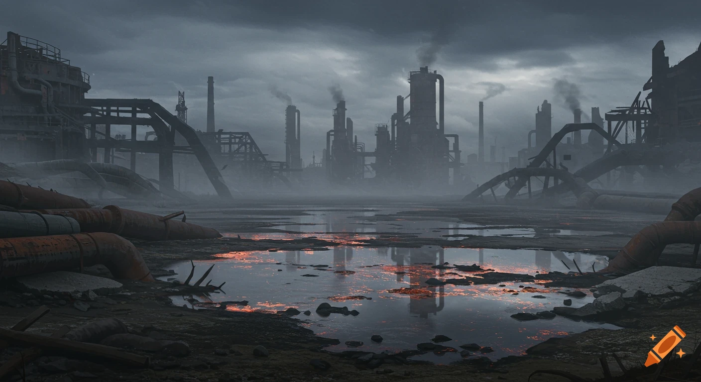 Gloomy industrial wasteland scene with ruined buildings, large pipes, and pools of water reflecting light under a cloudy sky.