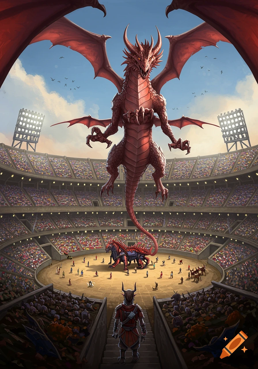 A large red dragon flies above a packed stadium arena where smaller figures gather around another creature. A figure in armor watches from the steps.