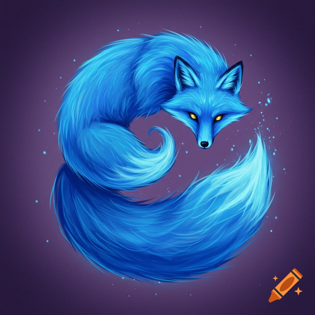 A stylized blue fox curled in a circle on a purple background with sparks.