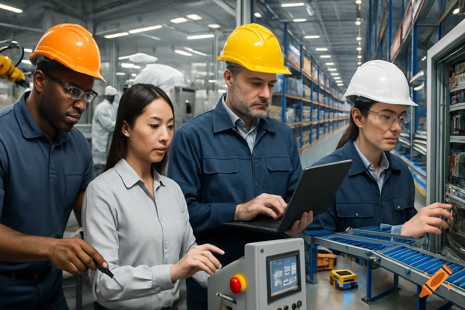 Team of diverse engineers and technicians work on automation equipment in a factory.