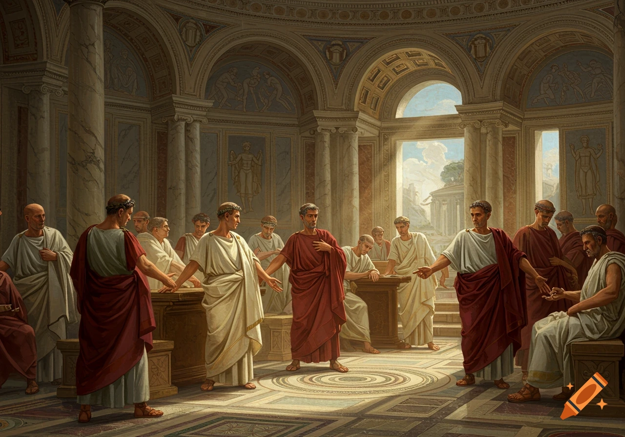 Roman senators debate in a grand hall, like a classical painting.