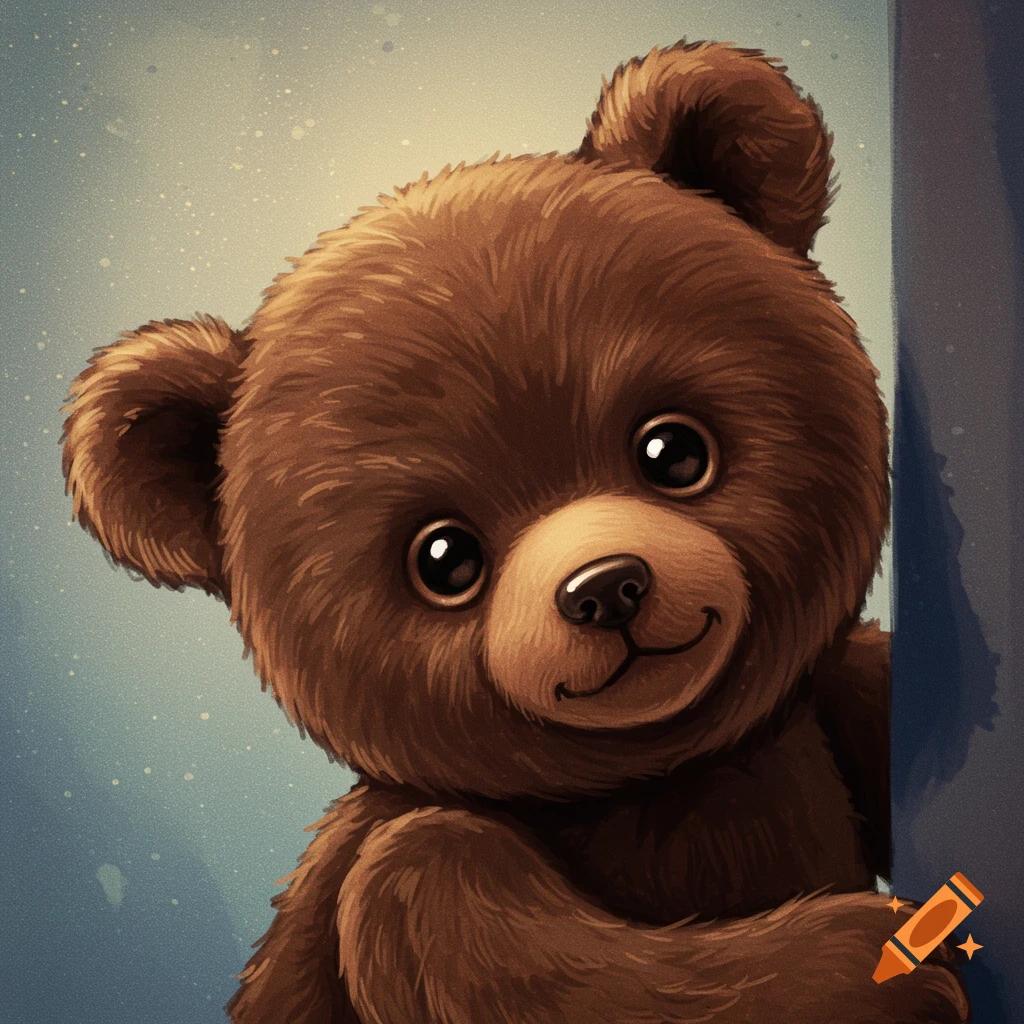 Close-up illustration of a cute brown teddy bear peeking from behind a blue object.