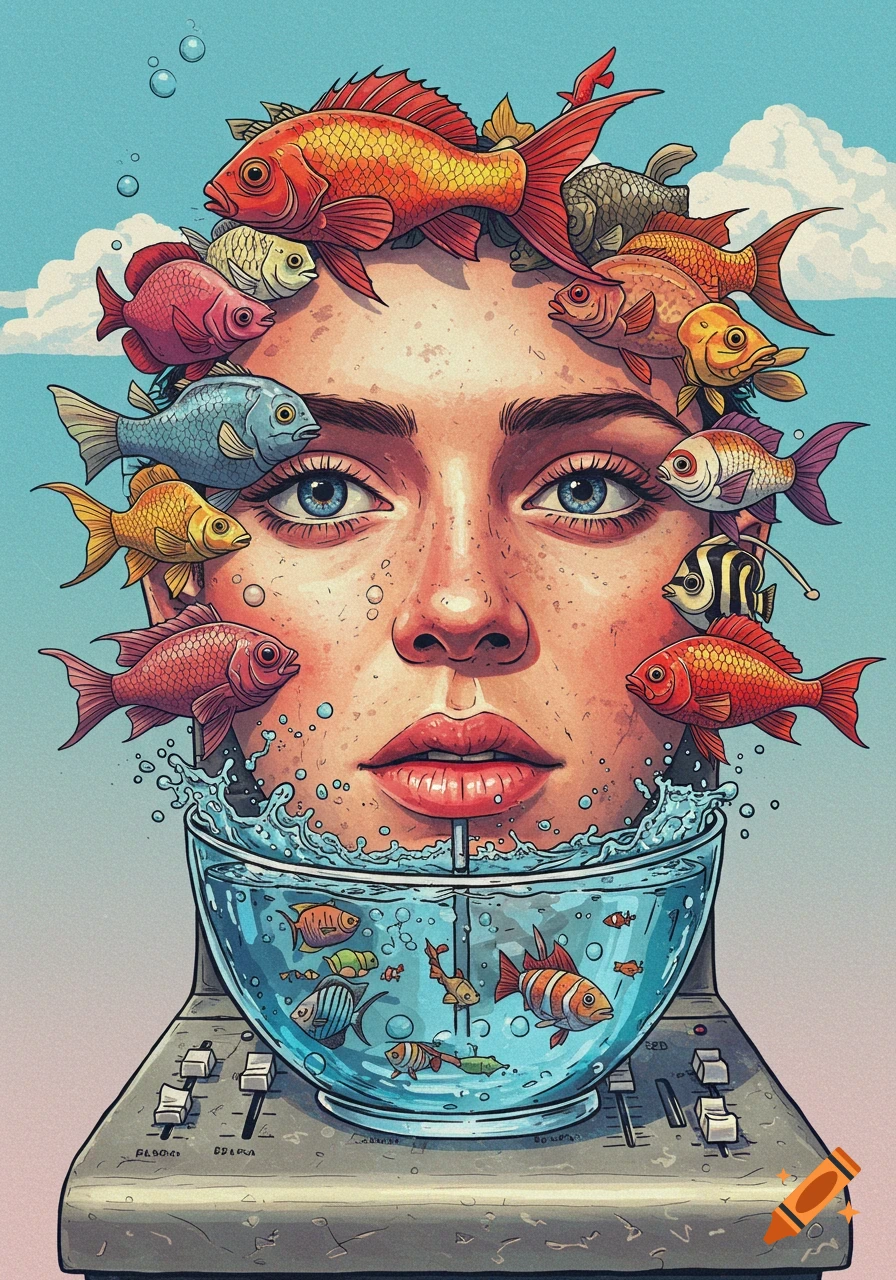 Surreal illustration of a face with fish, emerging from a fishbowl on a mixer.