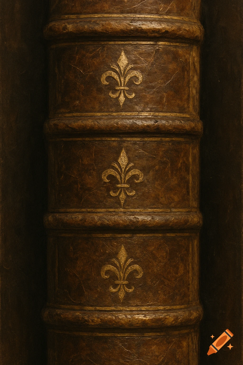Close-up of a brown leather book spine decorated with gold fleur-de-lis symbols.