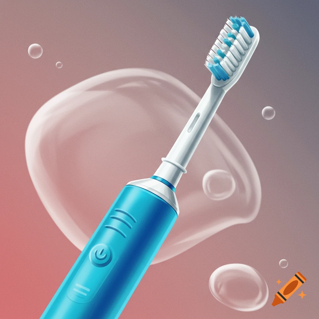 An electric toothbrush floats among bubbles on a gradient background.
