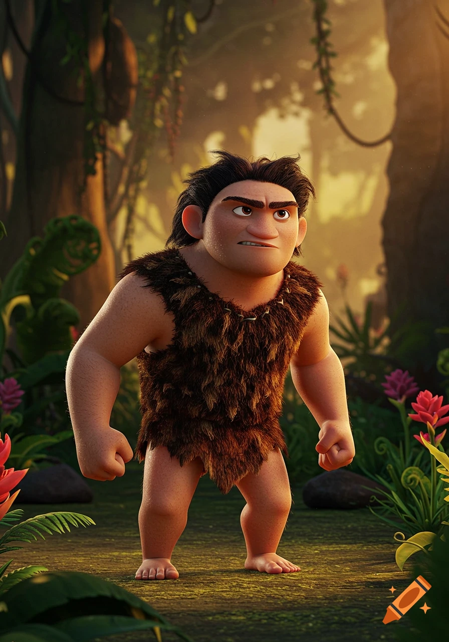 Cartoon caveman Grug stands in a jungle clearing.