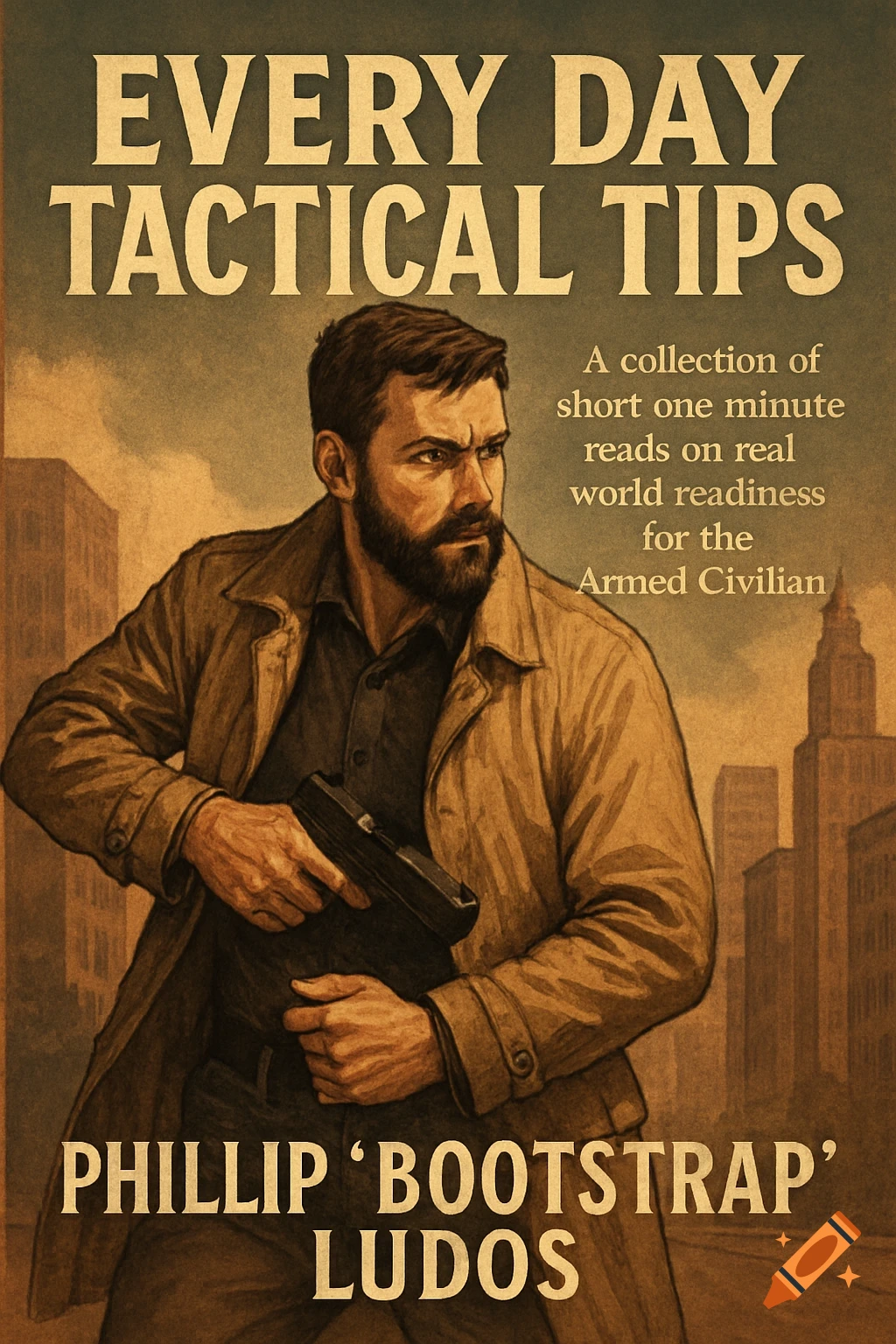 Illustration of a bearded man in a coat holding a gun against a city background, like a book cover.