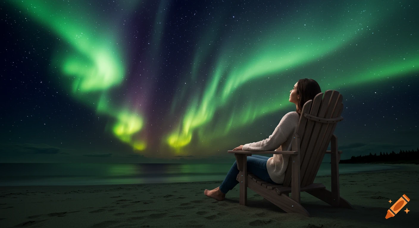 Woman watches Northern Lights over ocean from beach chair at night