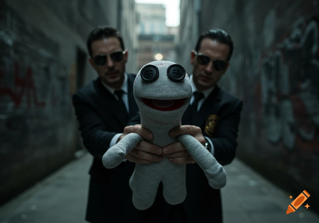 Two men in suits hold a sock puppet with button eyes in a dark alley, photorealistic.