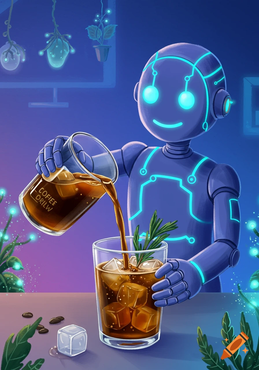 Illustration of a blue robot pouring coffee into a glass of ice in a futuristic room with glowing plants.