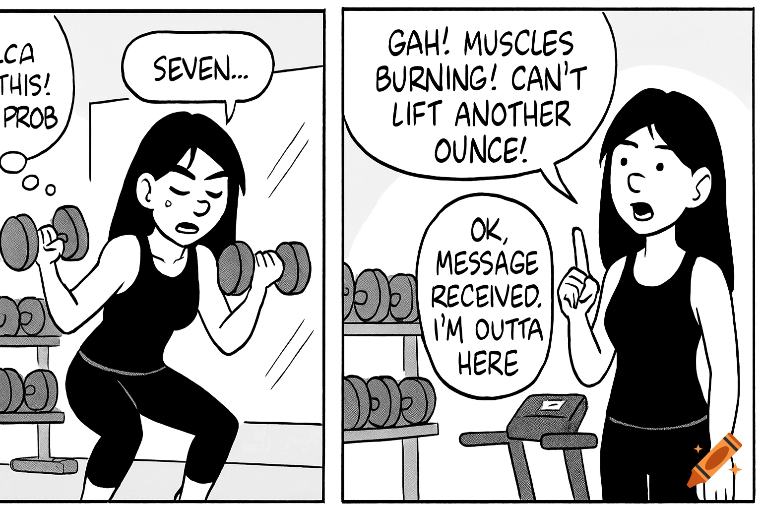 Comic strip showing a woman struggling to lift weights, then complaining about muscle pain in the next panel.
