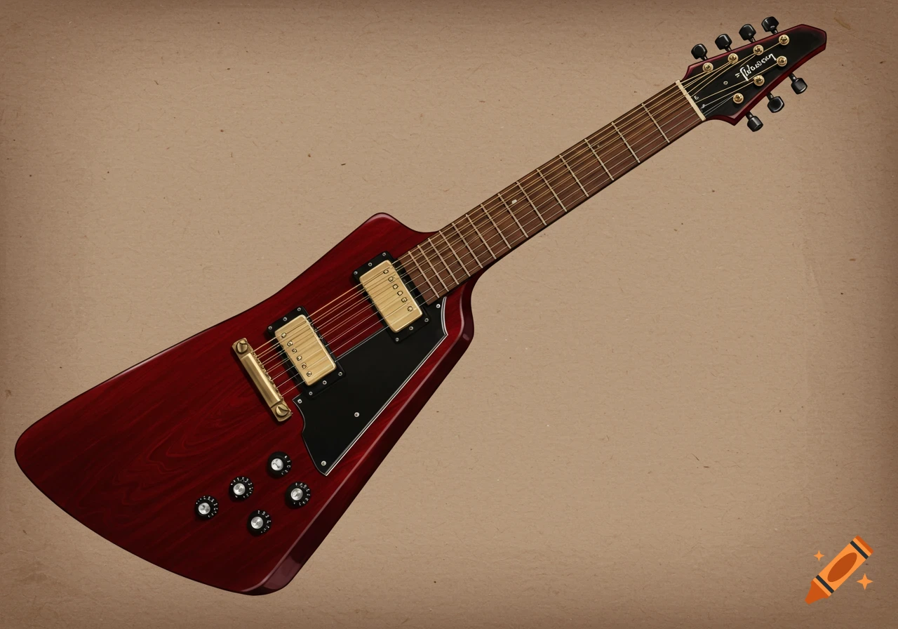 Red Flying V style electric guitar on a brown background.