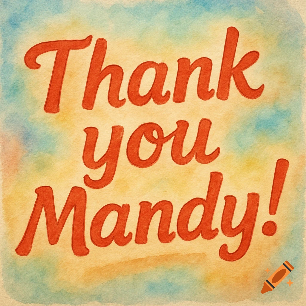 A watercolor sign says "Thank you Mandy!" in red script.