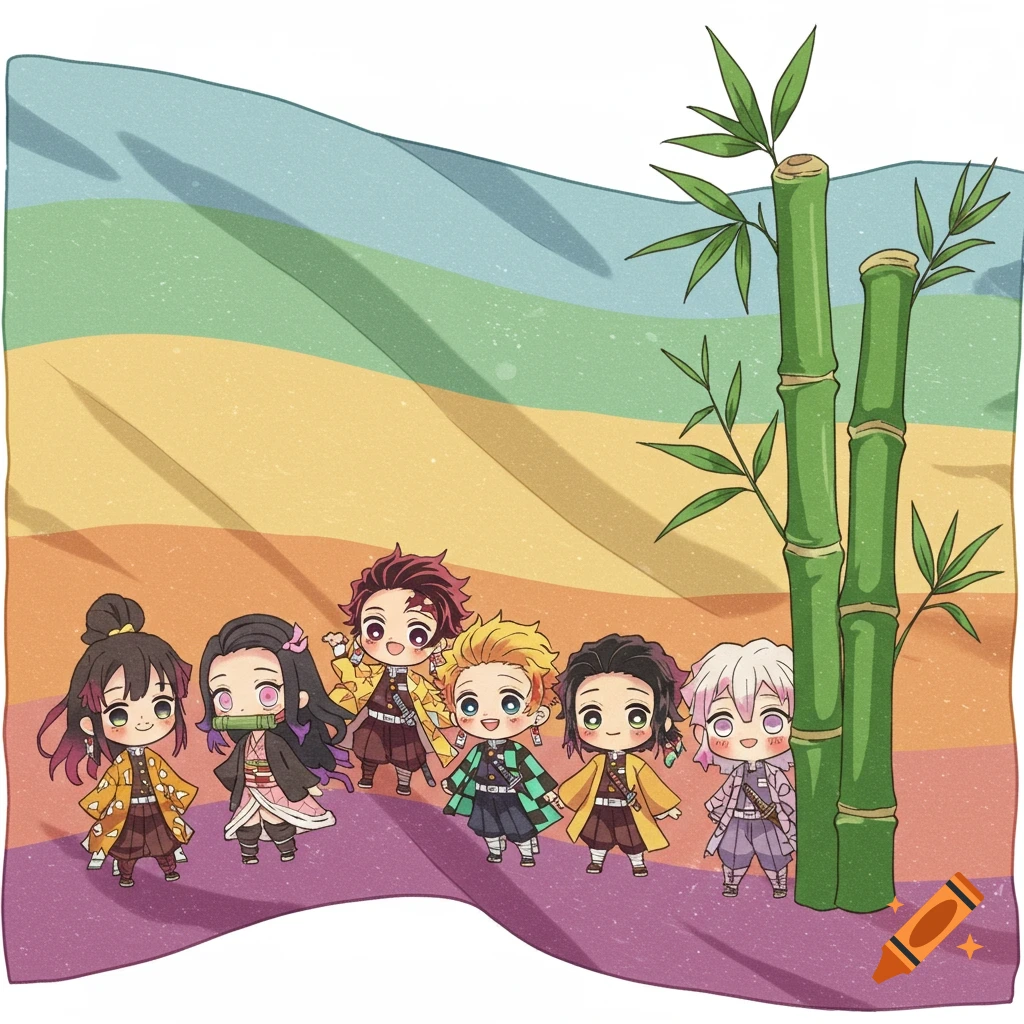 Chibi anime characters from Demon Slayer in front of a pride flag with bamboo