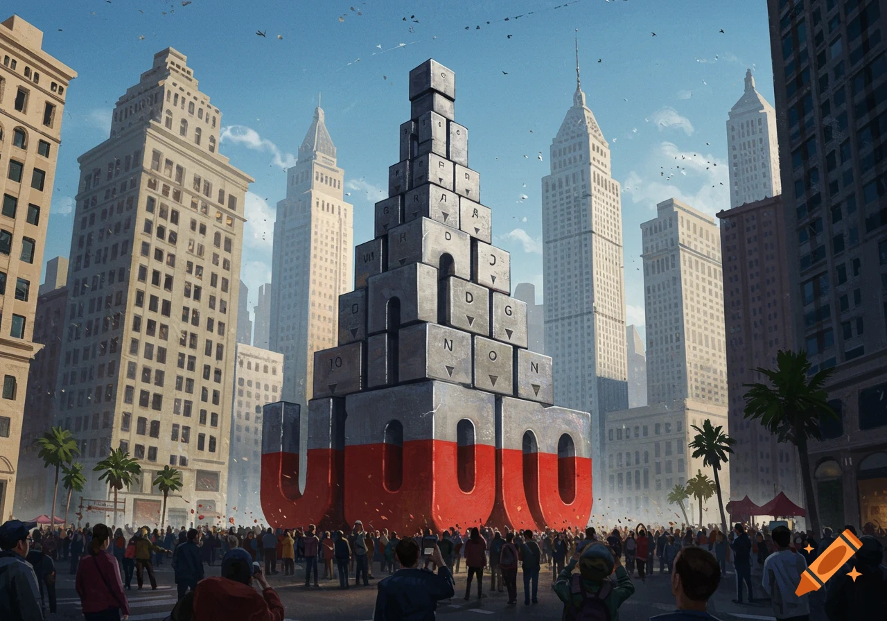 A large structure made of keyboard keys shaped like a skyscraper sits in a city street with a crowd.