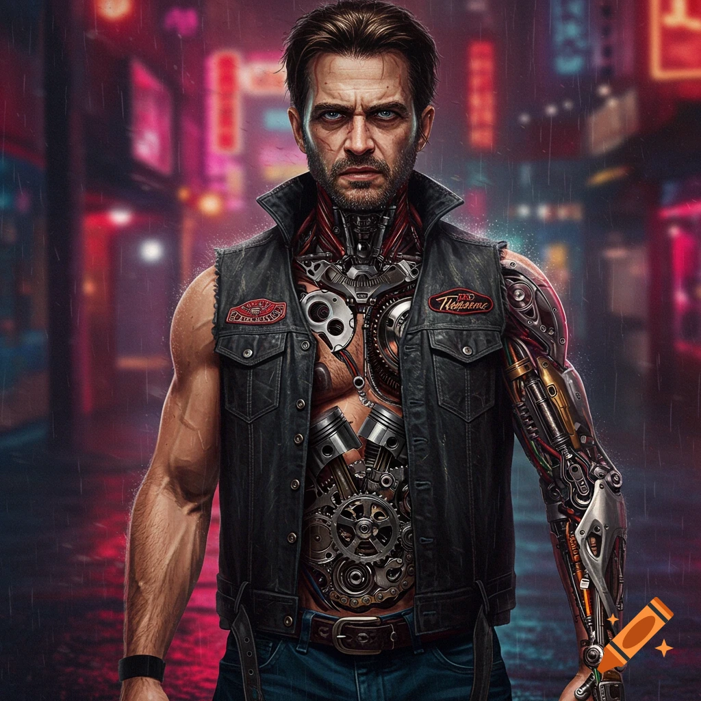 A man with motorcycle parts under his skin wears a leather vest in a rainy cyberpunk street.