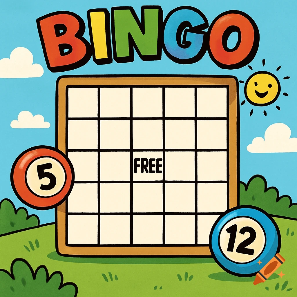 A fun cartoon bingo card with numbers 5 and 12 balls.