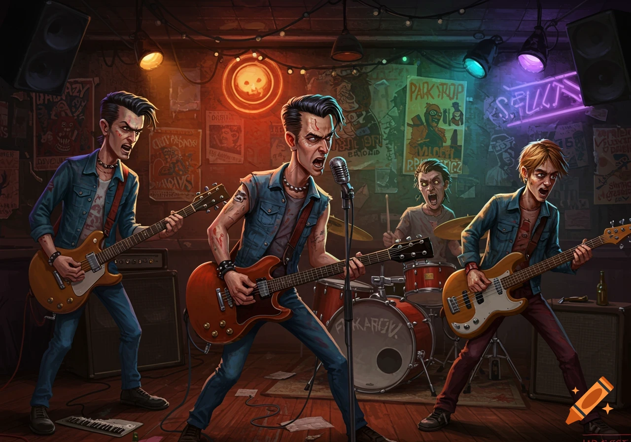 Illustration of a cartoonish rock and roll band playing in a dimly lit bar