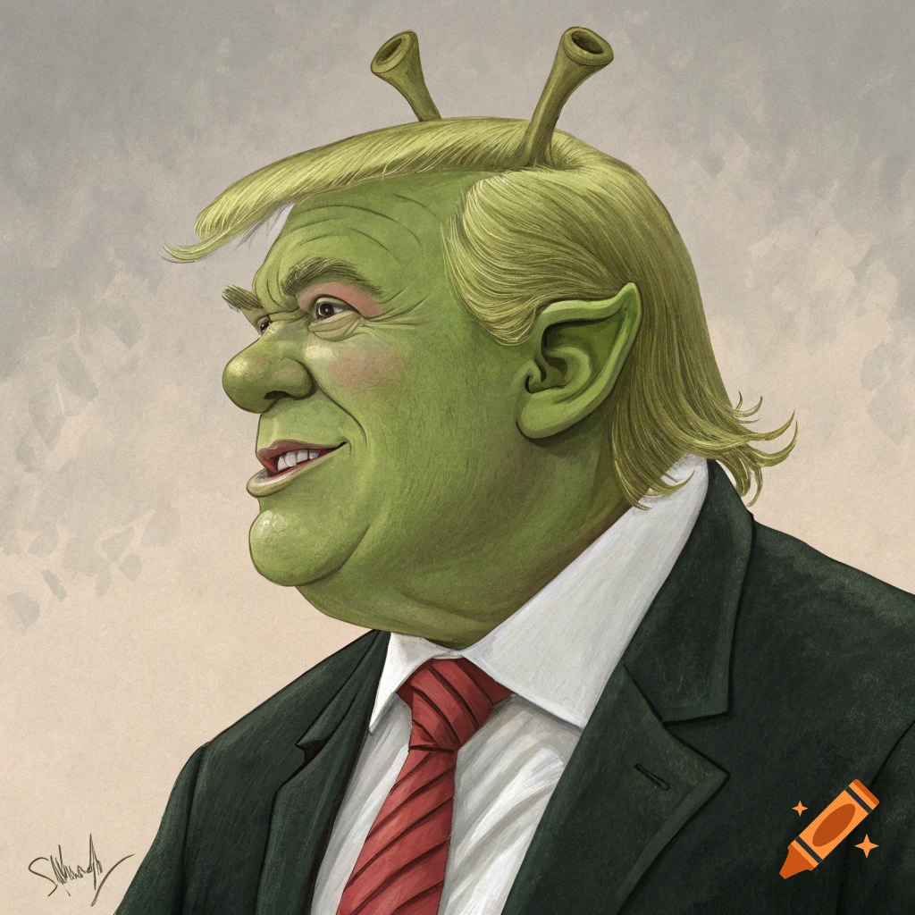 Caricature illustration of Donald Trump with green Shrek skin, ears, and head tubes, wearing a suit and tie.