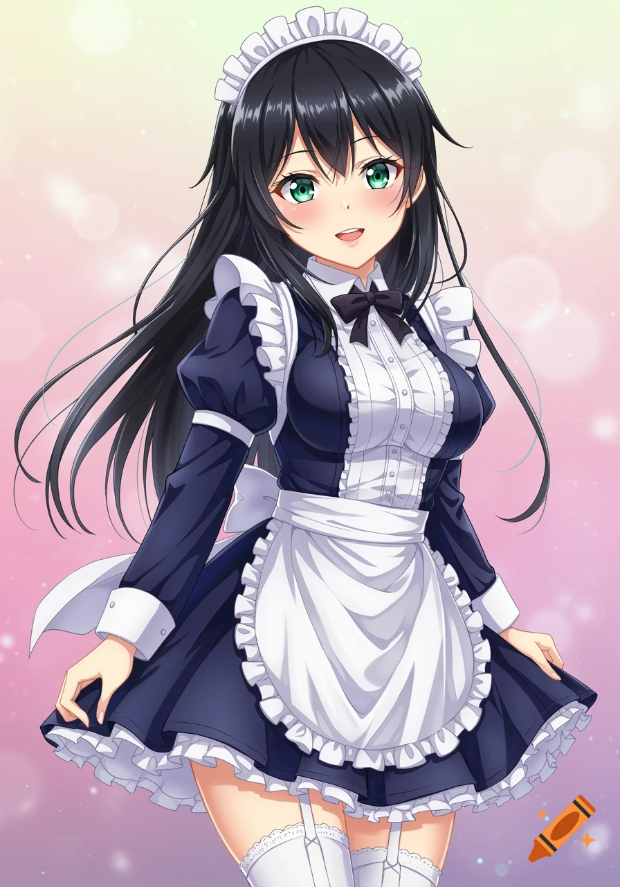 An anime girl with black hair and green eyes wearing a blue and white maid dress.