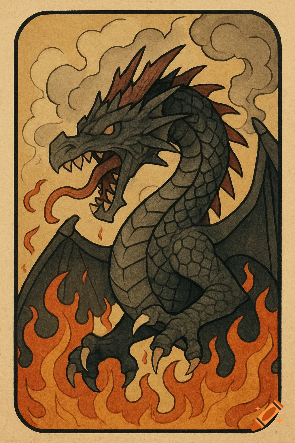Illustration of a black dragon breathing fire among flames and smoke in an anime fantasy style