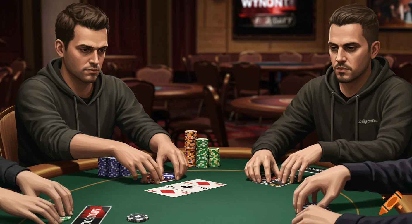 Two people playing poker at a table with cards, chips, and a screen in the background, realistic illustration style.