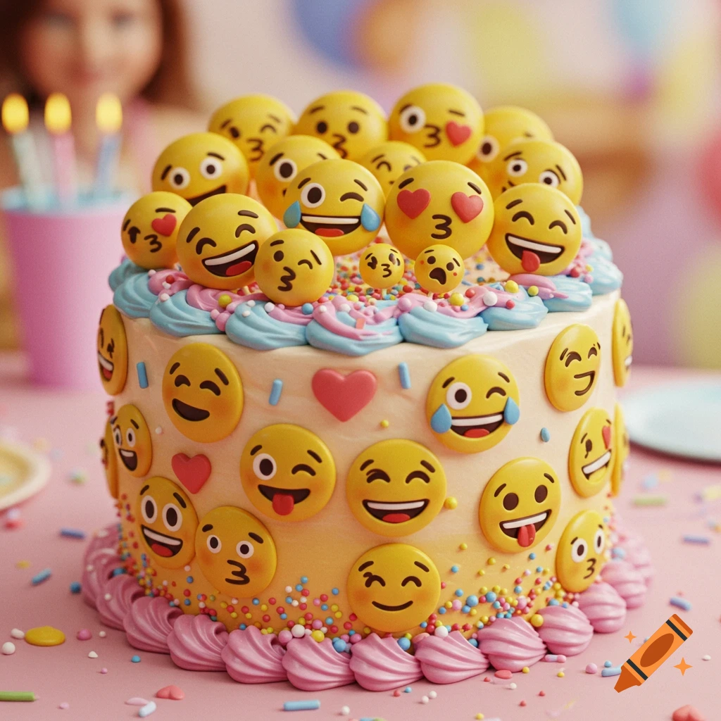 A birthday cake decorated with colorful icing, sprinkles, and various emoji faces.