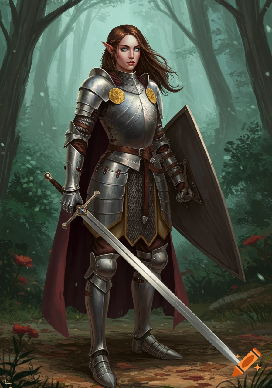 A female elf-like knight in full plate armor stands in a misty forest, holding a sword and shield.