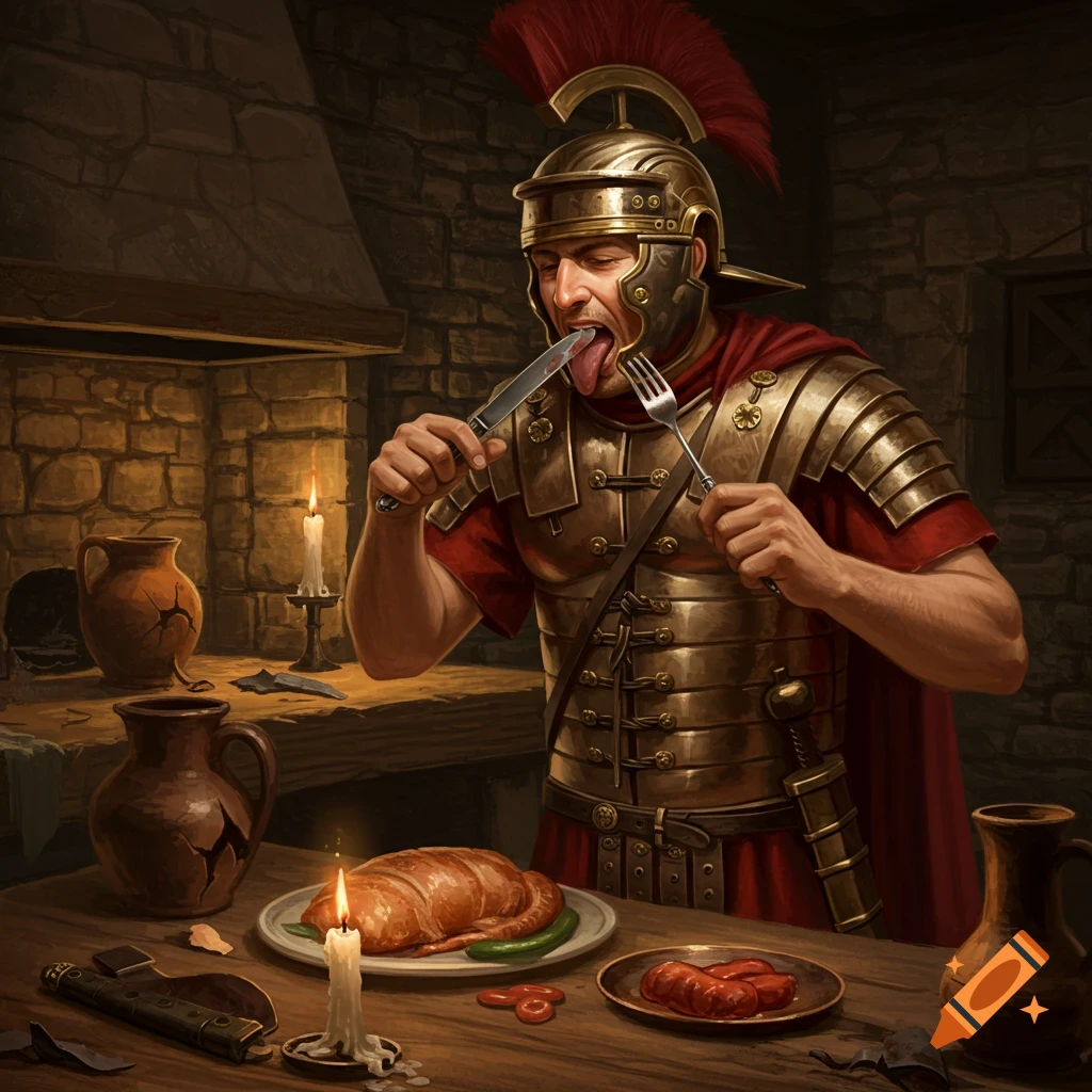 A Roman soldier in armor eats with a knife and fork in a stone room, licking his lips.