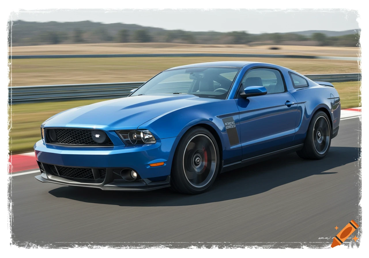 Blue Ford Mustang Boss 302 driving on a race track