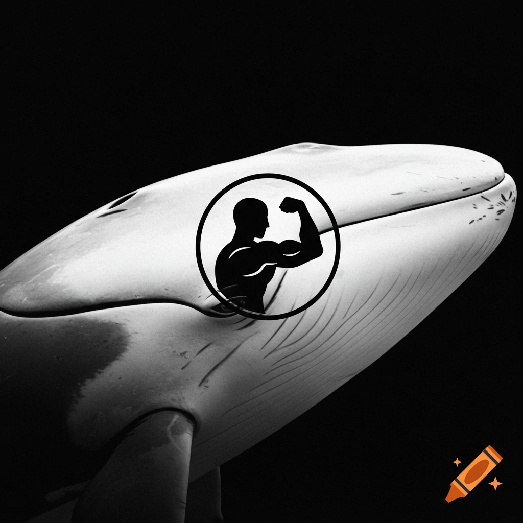 Black and white photo of a whale's head with a circular logo of a flexing silhouette on it
