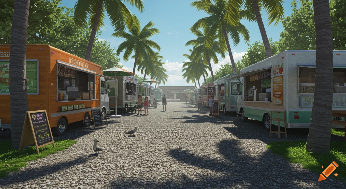 A food truck park lined with palm trees under a sunny sky.