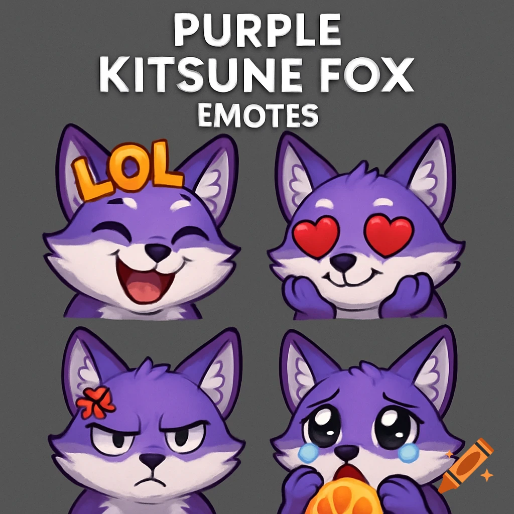 Four cartoon purple fox emotes: laughing, heart eyes, angry, crying