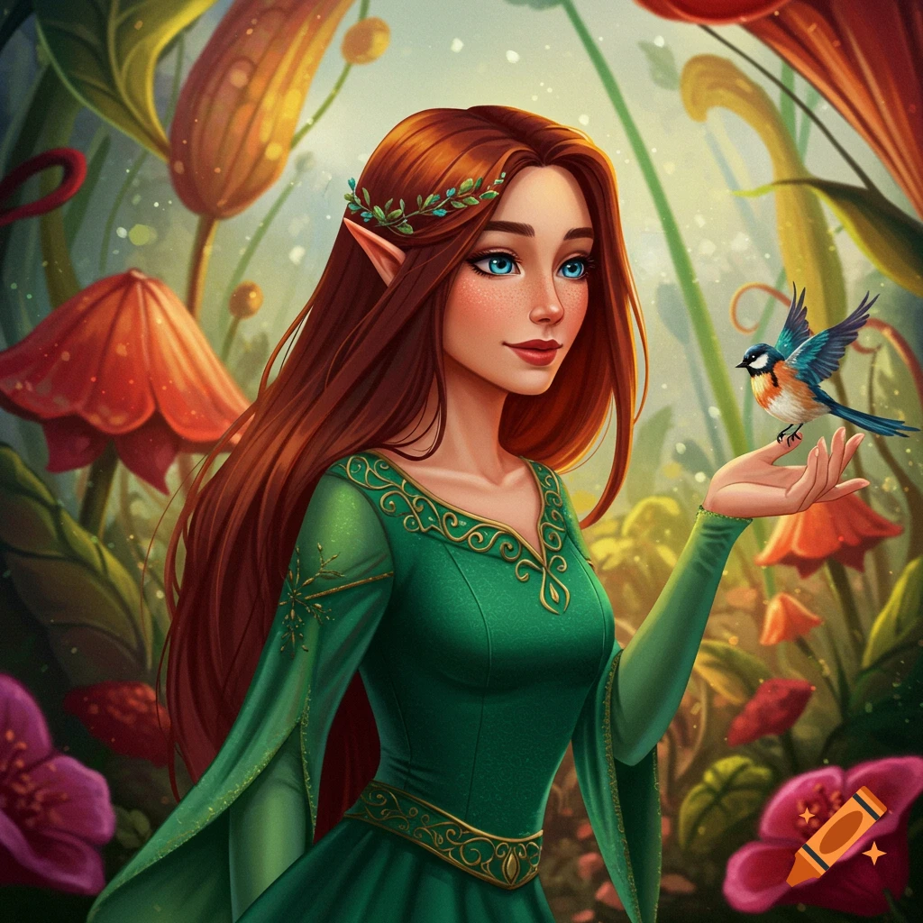 A red-haired fantasy girl in a green dress holds a small bird in a lush, bright garden.