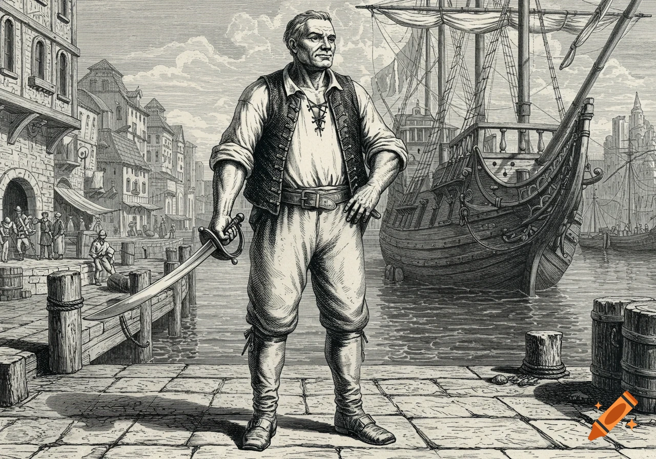Monochromatic engraving of a seaman with a sword on a port dock with a ship.