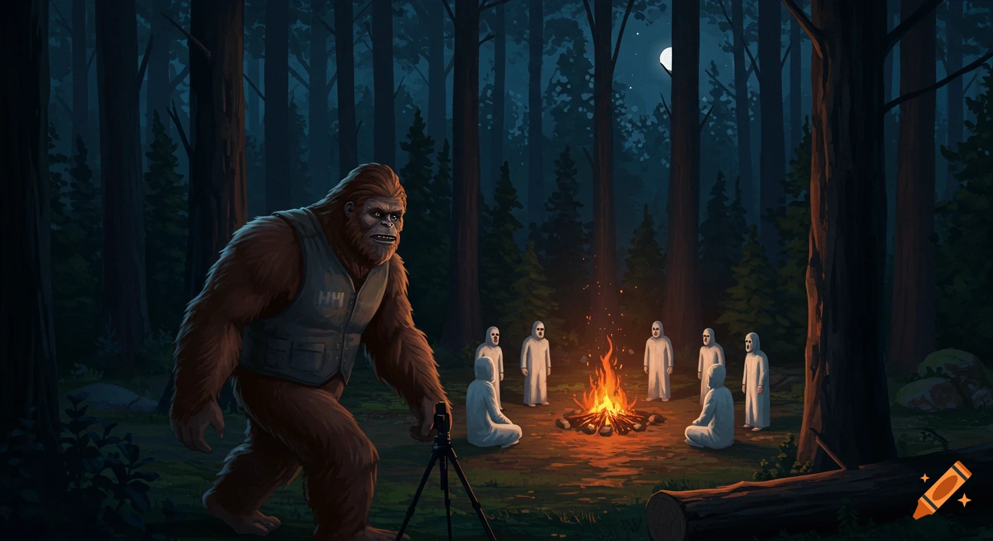 Bigfoot in a vest filming hooded figures around a campfire in a dark forest