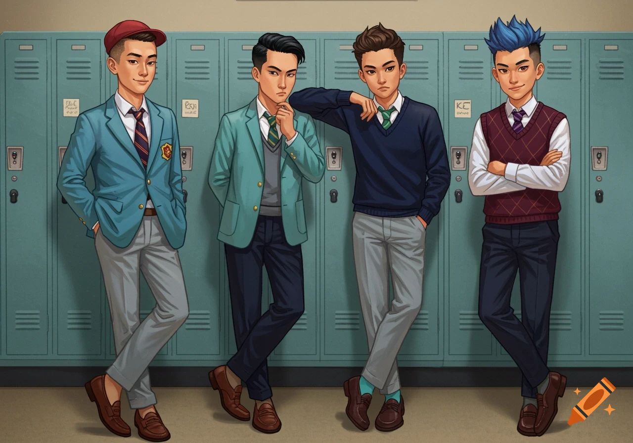 Four teenage boys in preppy outfits pose by school lockers in an illustration.