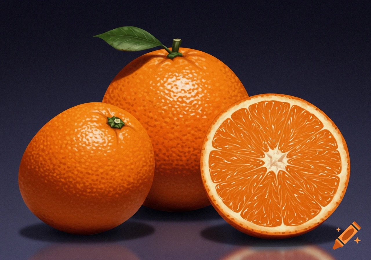 Still life painting of two oranges, one whole and one sliced, against a dark background.