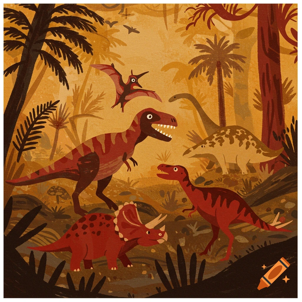 Stylized illustration of dinosaurs in a prehistoric jungle