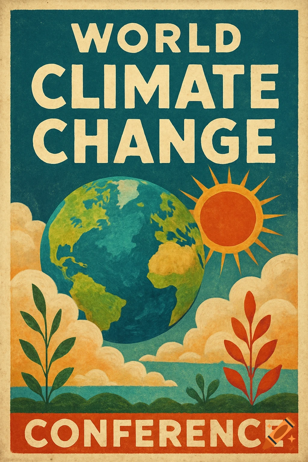 Stylized poster for a world climate change conference with earth, sun, plants, and text